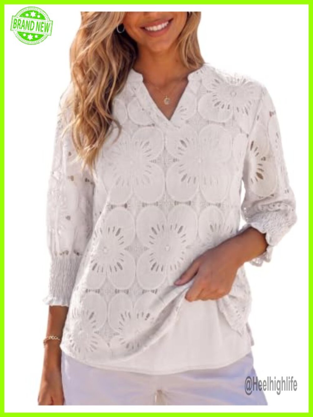 Womens 3/4 Sleeve Lace Blouse Front Lined Stand V Neck Casual Shirt